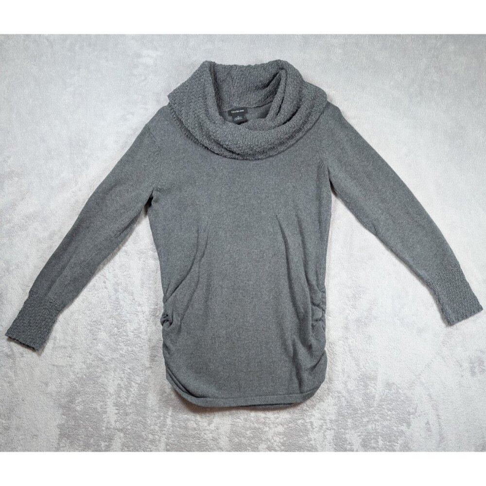 Calvin Klein Jeans Sweater Top Womens Size Medium Gray Knitted Ruched Casual